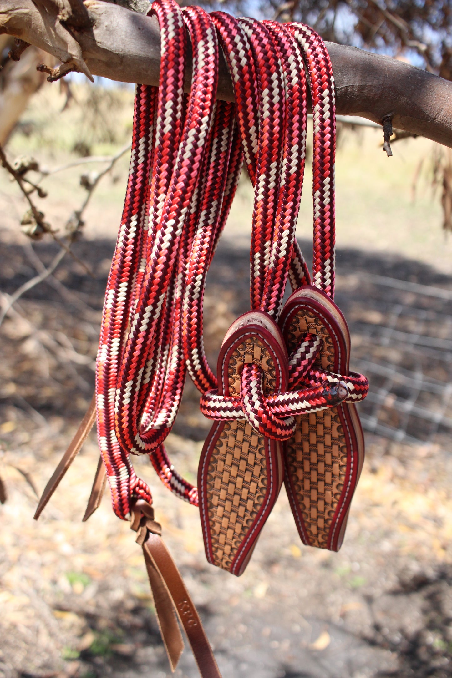 Burgundy/Beige/Pink Split Reins w/ Slobber Straps (6.5ft)