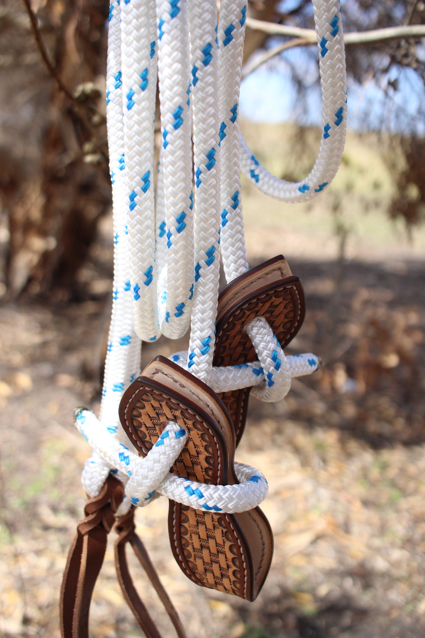 White/Blue Split Reins with Slobber Straps (6.5ft)