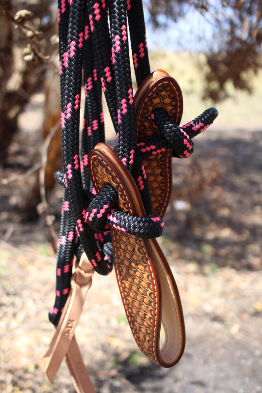 Black/Pink Split Reins With Slobber Straps (6ft)