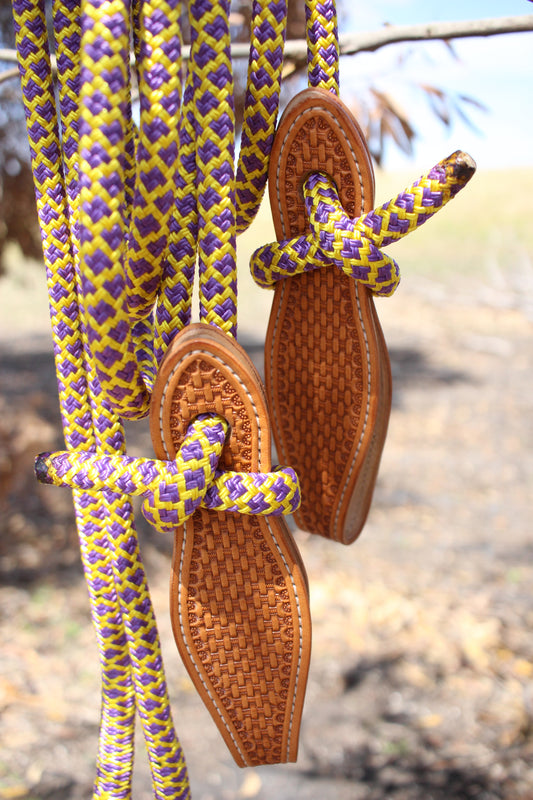 Yellow/Purple Split Reins with Slobber Straps (7ft)
