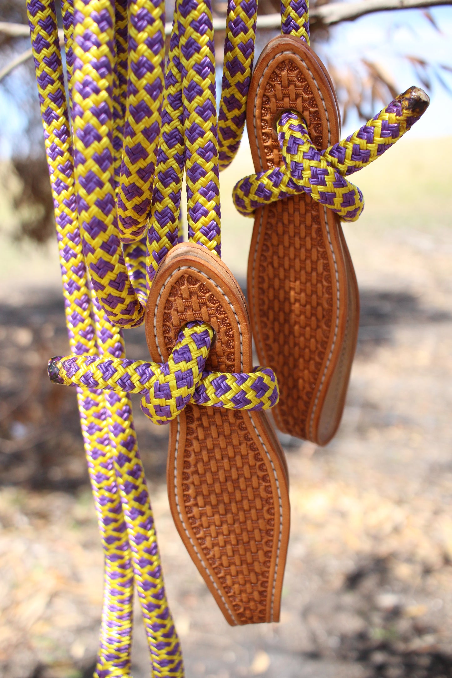 Yellow/Purple Split Reins with Slobber Straps (7ft)