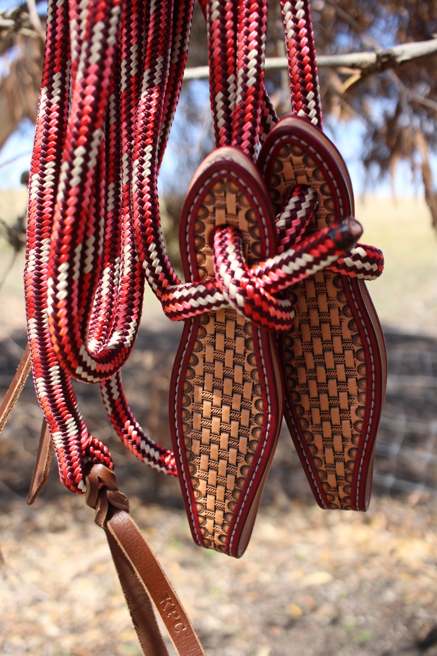 Burgundy/Beige/Pink Split Reins w/ Slobber Straps (6.5ft)