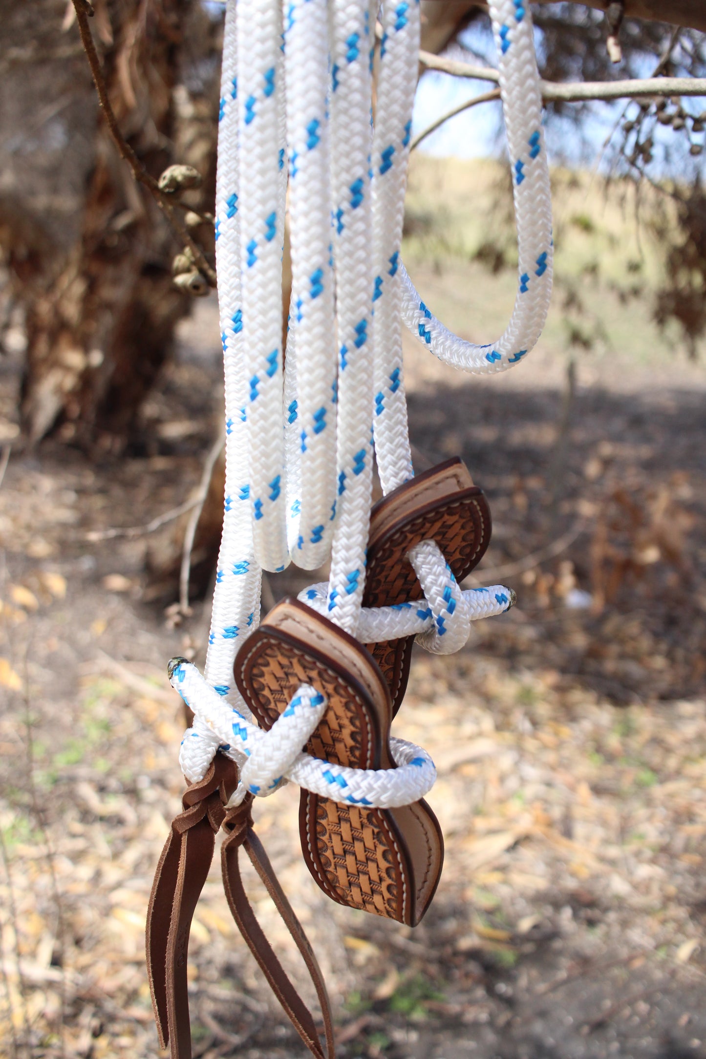 White/Blue Split Reins with Slobber Straps (6.5ft)